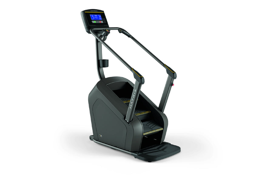 Black and gray stair climbing machine with digital display console, handrails, and yellow accents on stepping platform, on wh