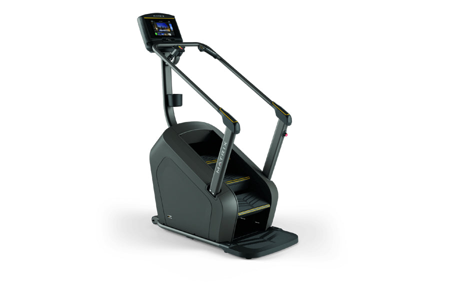 Black stair climbing machine with digital display console, handrails, and stepping platform on white background