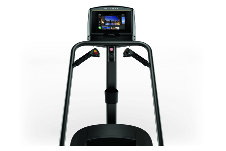Matrix C50 Climbmill with black frame, digital display screen, and dual climbing handles on white background