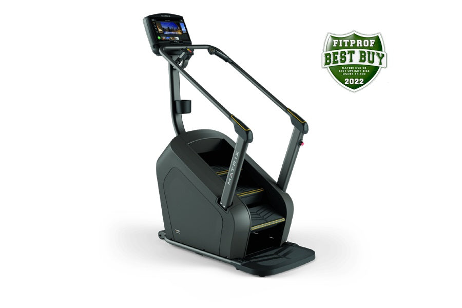 Black and gray stair climbing exercise machine with digital display console and dual handrails on white background