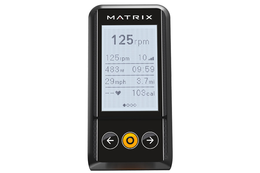 Black Matrix cycling computer displaying workout metrics including 125 rpm cadence and heart rate on LCD screen with navigati