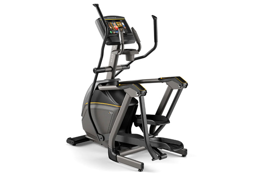 Matrix E30 elliptical machine with touchscreen display, black and gray frame, curved handles, and wide pedal platform on whit
