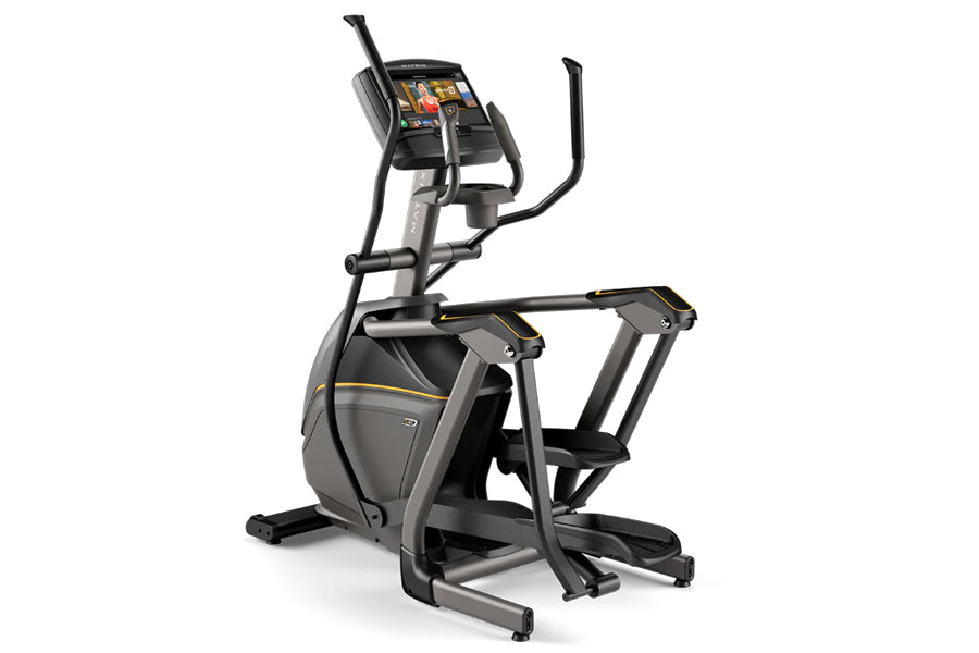 Matrix E30 black and gray elliptical machine with touchscreen display and dual handlebars on white background