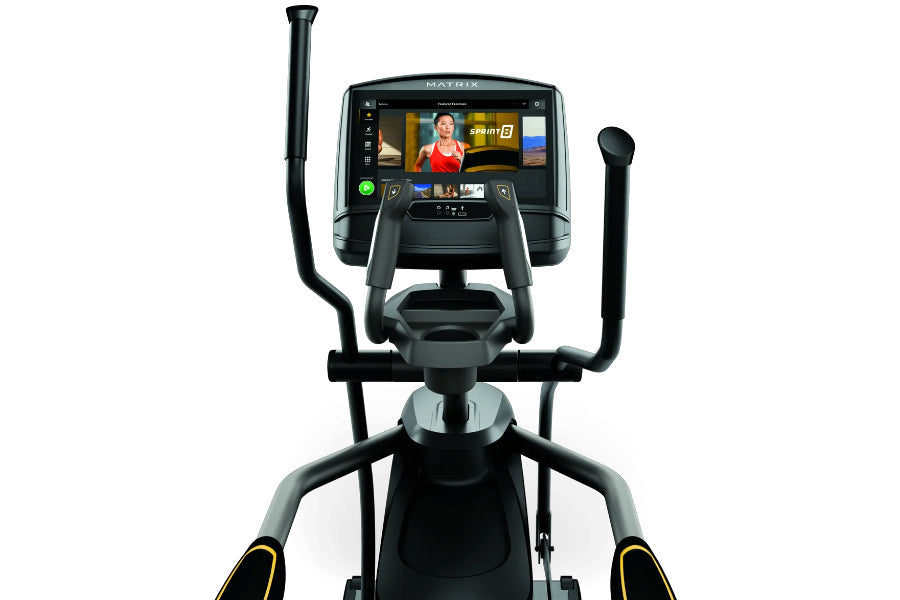 Matrix E30 elliptical machine with black and gray frame, dual moving arms, and digital touchscreen display on white backgroun