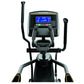 Matrix E30 elliptical machine with black frame, moving handles, foot pedals with yellow accents, and blue digital display con