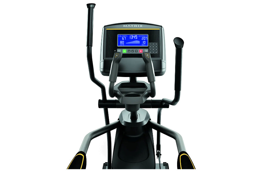 Matrix E30 elliptical machine with black frame, moving handles, foot pedals with yellow accents, and blue digital display con