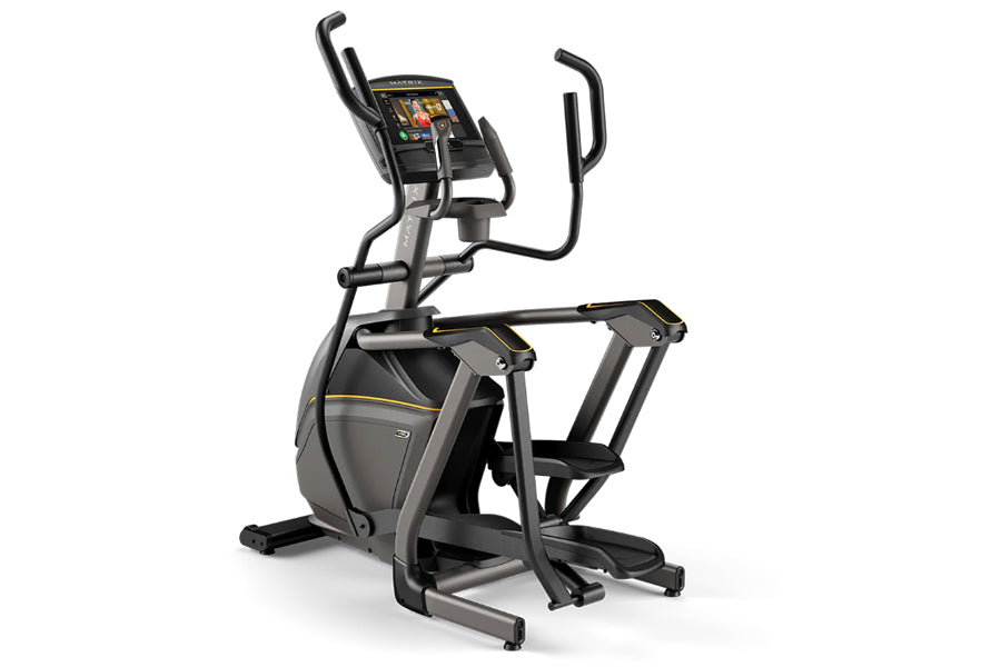 Matrix E50 elliptical machine with black and gray frame, digital console display, and dual handlebar grips on white backgroun
