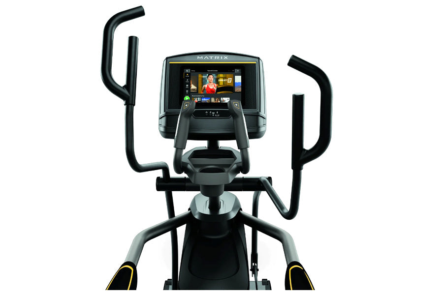 Matrix E50 elliptical machine with digital touchscreen console, black frame, and dual black handles on white background