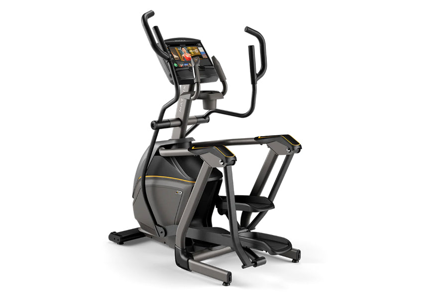 Matrix E50 elliptical machine with black and gray frame, digital console, and dual moving handlebars on white background