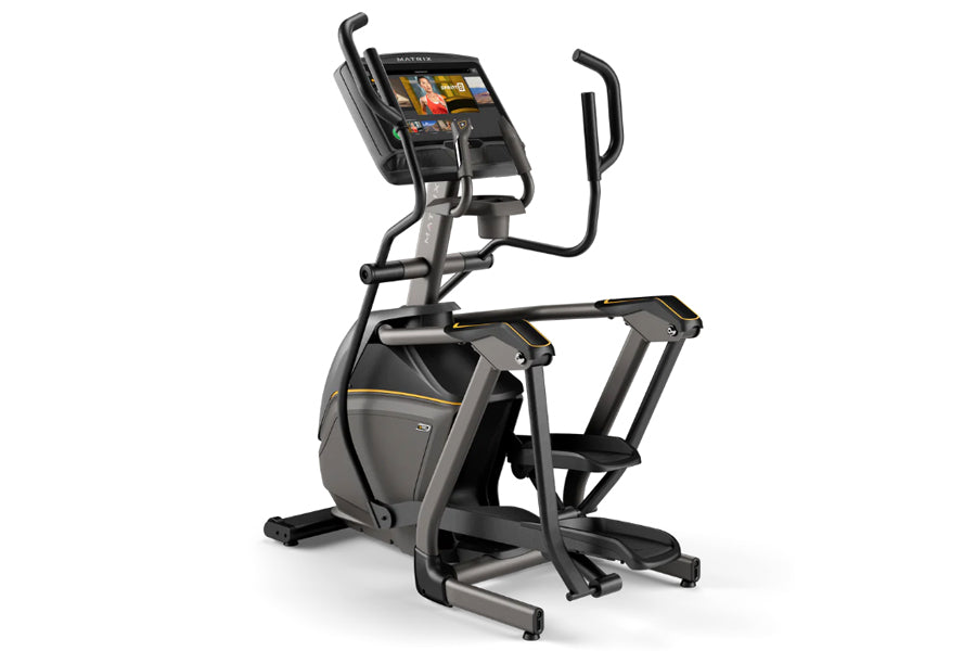 Matrix E50 elliptical machine with black and gray frame, digital touchscreen console, and dual moving handles on white backgr