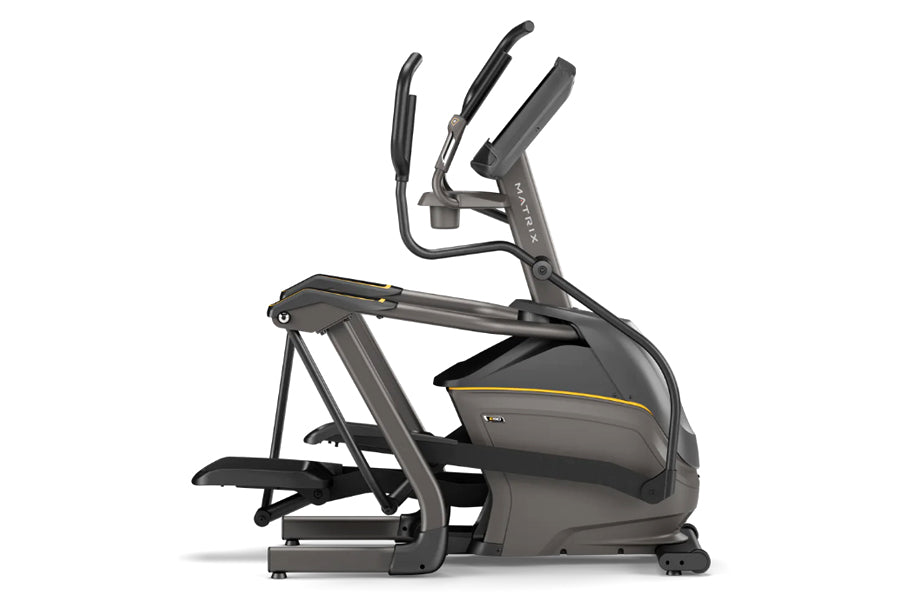 Matrix E50 elliptical machine with black frame, dual handles, and footpleds on white background