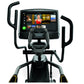 Matrix E50 elliptical machine with black frame, curved handles, and touchscreen display showing fitness content