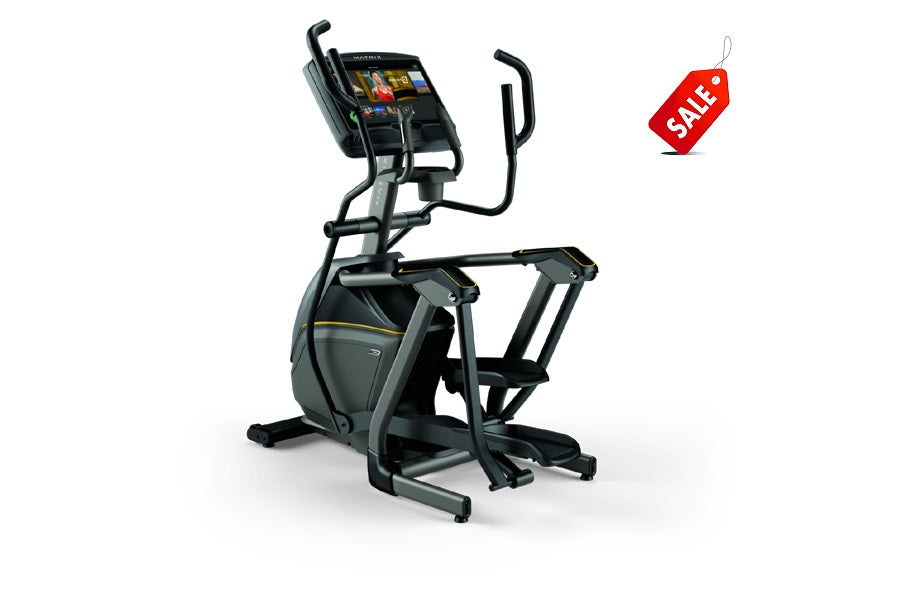 Black and gray Matrix elliptical machine with digital display screen and dual handles, on white background