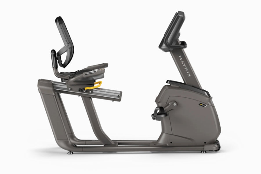 Matrix R30 recumbent exercise bike with black frame, padded seat, handlebar grips, and digital console on white background