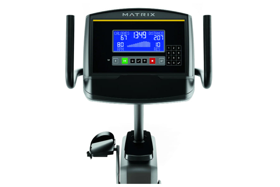 Matrix R30 recumbent exercise bike with digital display showing calories, distance, and heart rate metrics on white backgroun