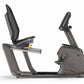 Matrix R50 recumbent exercise bike with gray frame, black mesh backrest, and digital display console on white background