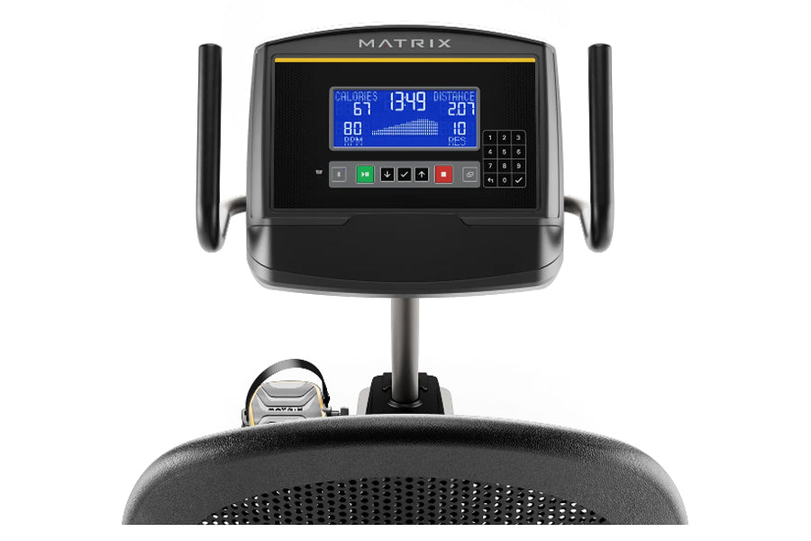 Matrix R50 recumbent exercise bike with blue LCD display showing workout metrics, black frame, dual handles, and seat on whit