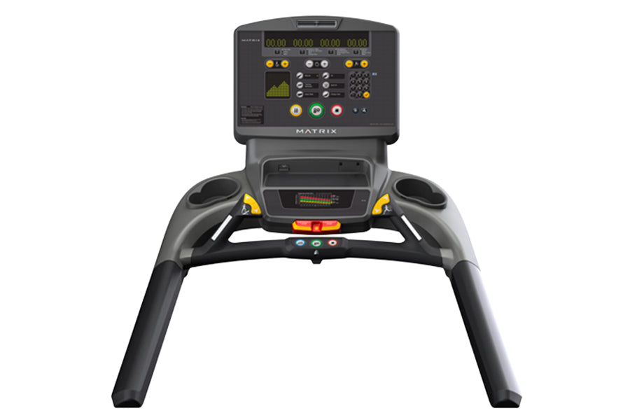 Matrix T130 treadmill with black frame, digital display console with yellow and orange accent buttons, and LED readout screen