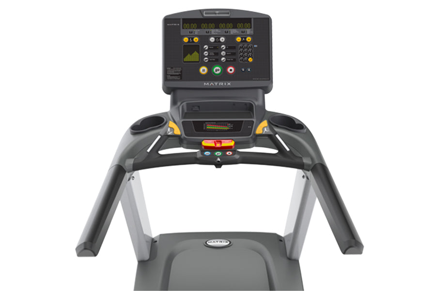 Matrix T130 treadmill with black and gray frame, digital console with orange and yellow buttons, and cushioned running deck o