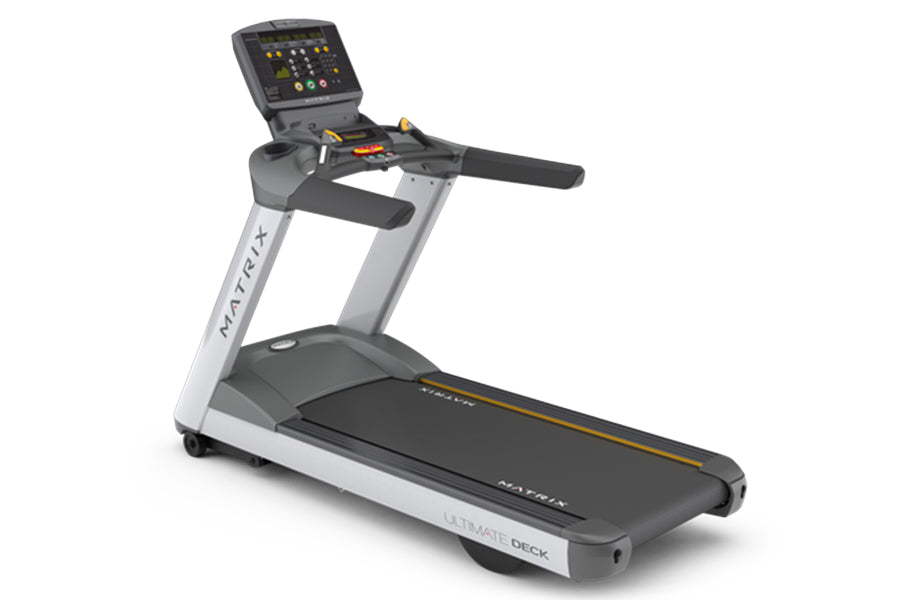 Matrix T130 treadmill with black running deck, silver frame, digital console with buttons and display, black handrails, on wh