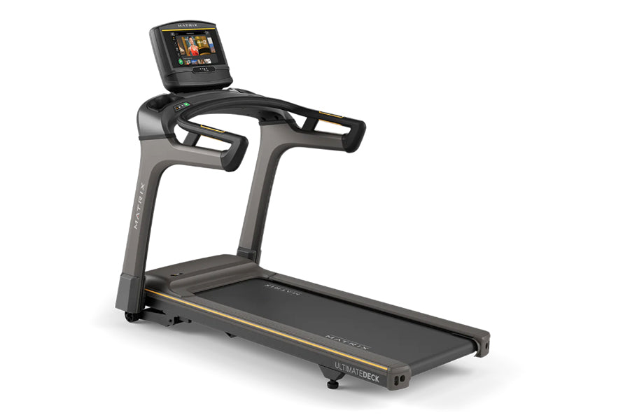 Matrix T30 treadmill with black running deck, gray frame, and digital touchscreen console on white background