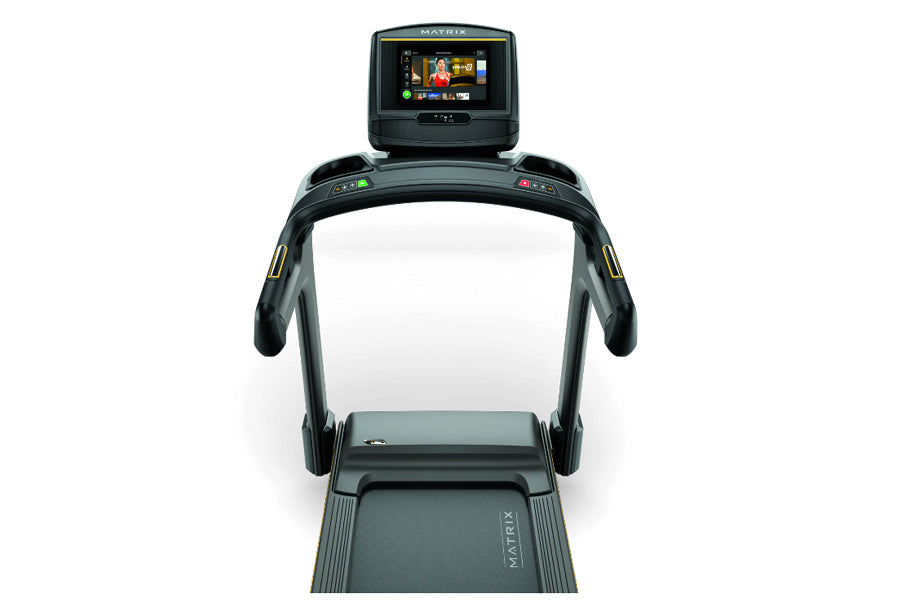 Matrix T30 treadmill with black frame, gray running deck, dual handles, and touchscreen display mounted on console, front vie