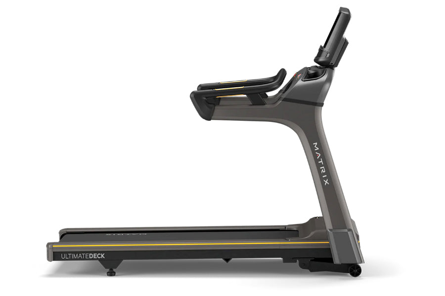Matrix T30 Treadmill with black frame, gray uprights, gold accents, and digital display console, viewed from the side