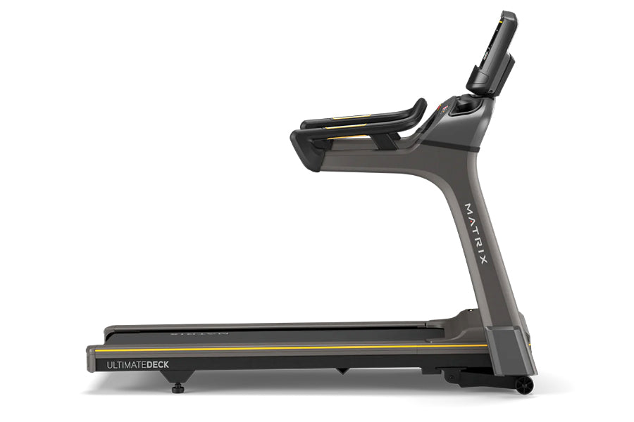 Matrix T30 treadmill with black and gray frame, digital console, and adjustable incline, shown from the side on white backgro