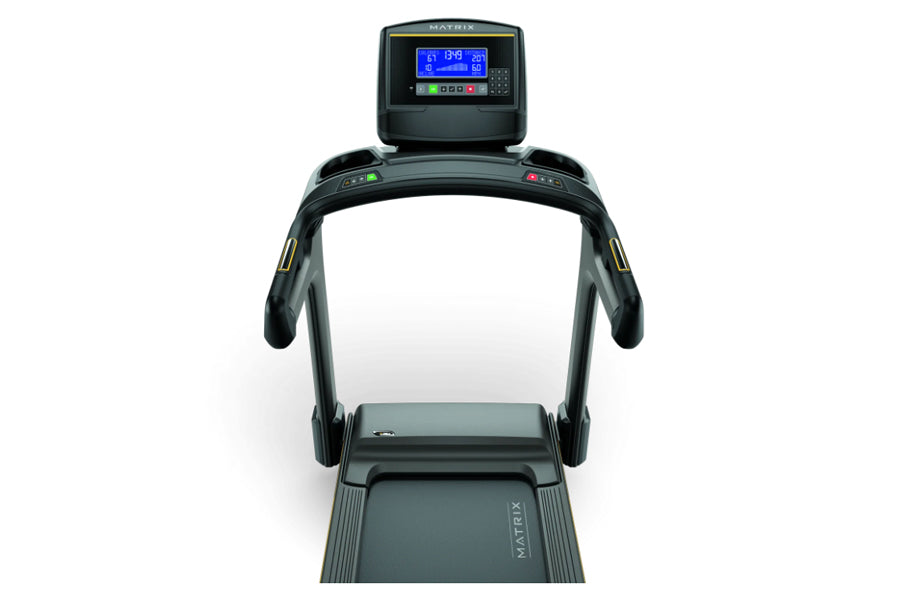 Black Matrix treadmill with digital blue display console, handrails, and running belt viewed from front on white background
