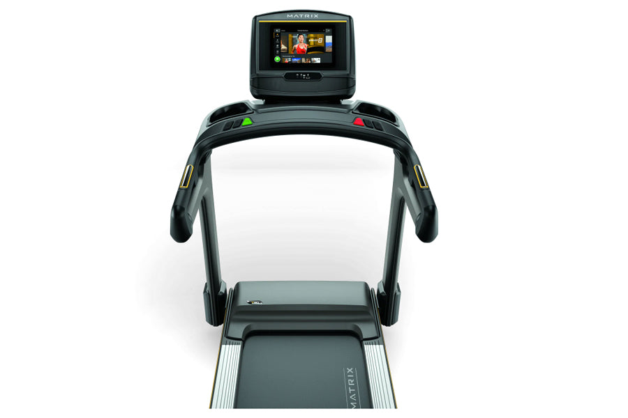 Matrix T50 treadmill with black frame, touchscreen console display, and gray running deck on white background