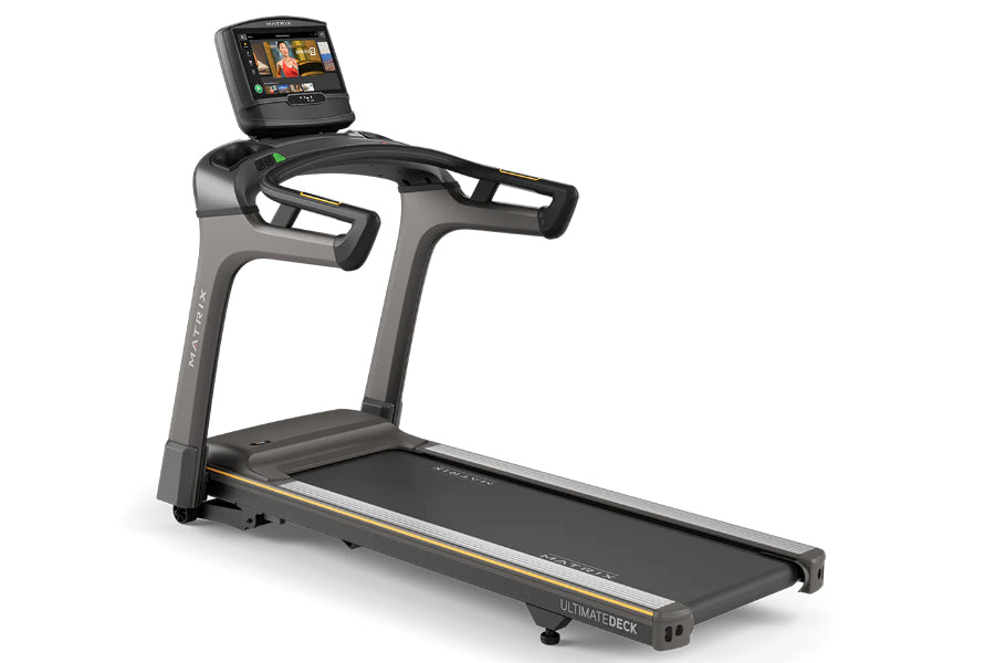 Matrix T50 treadmill with gray and black frame, black running deck, dual handles, and touchscreen display on white background