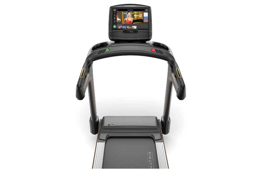 Matrix T50 black treadmill with touchscreen console displaying workout content, front view on white background