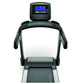 Matrix T50 treadmill with black frame, blue digital console display, and gray running deck, front view on white background