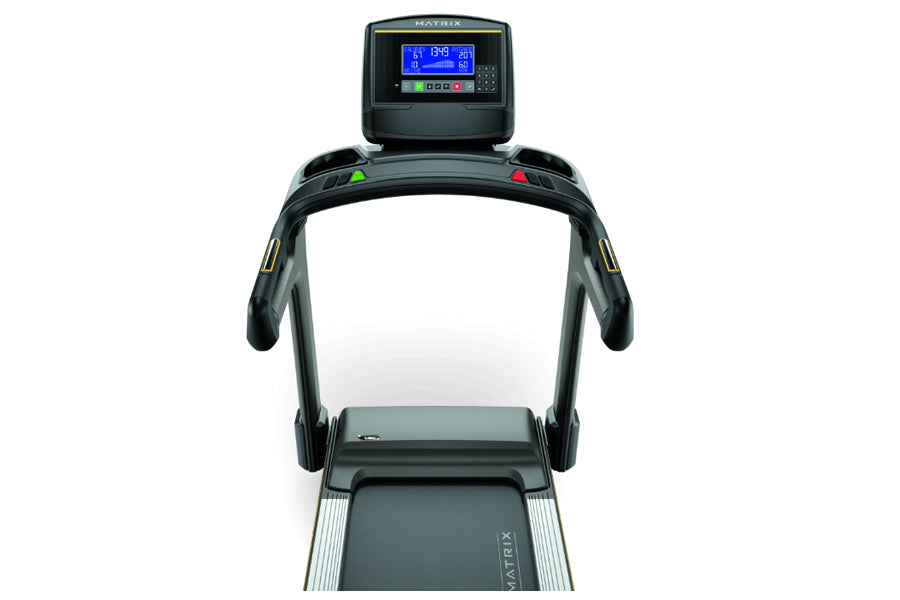 Matrix T50 treadmill with black frame, blue digital console display, and gray running deck, front view on white background