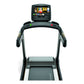 Black folding treadmill with touchscreen display showing workout interface, viewed from front on white background