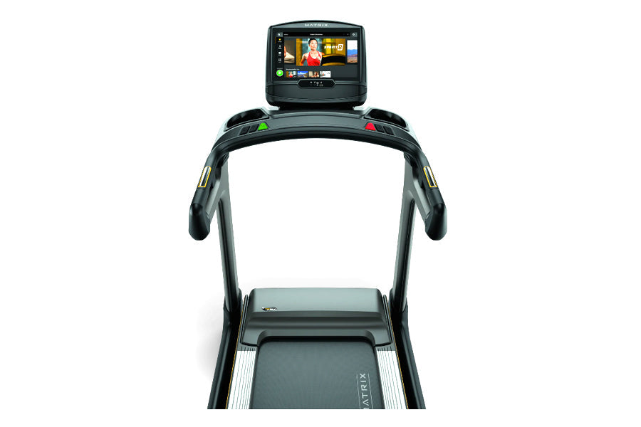 Black folding treadmill with touchscreen display showing workout interface, viewed from front on white background