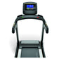 Matrix TF50 folding treadmill with black frame, digital console displaying blue screen, and gray running deck, front view on 