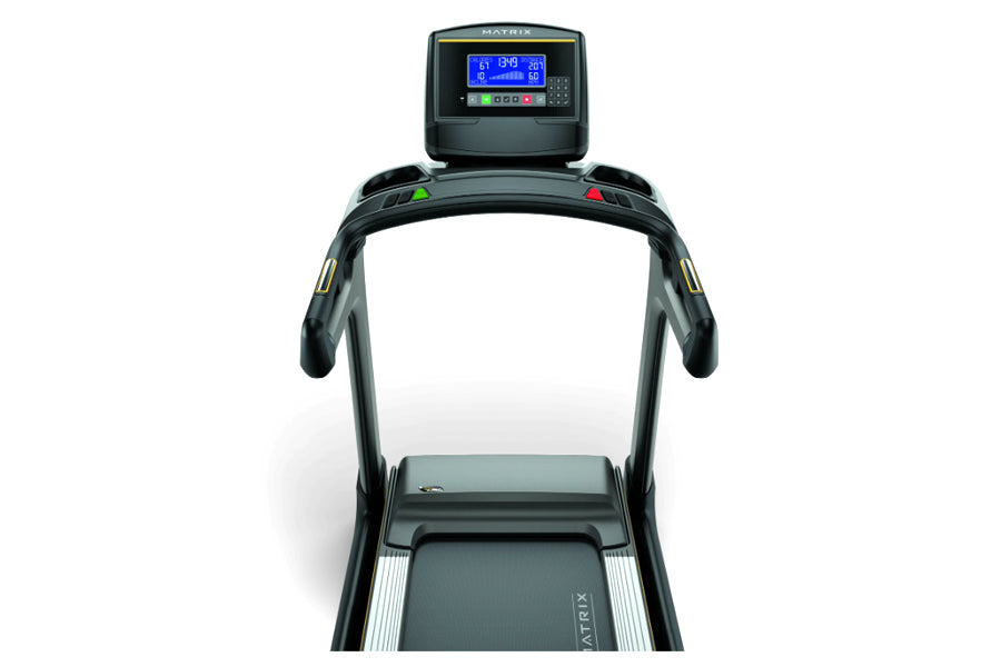Matrix TF50 folding treadmill with black frame, digital console displaying blue screen, and gray running deck, front view on 