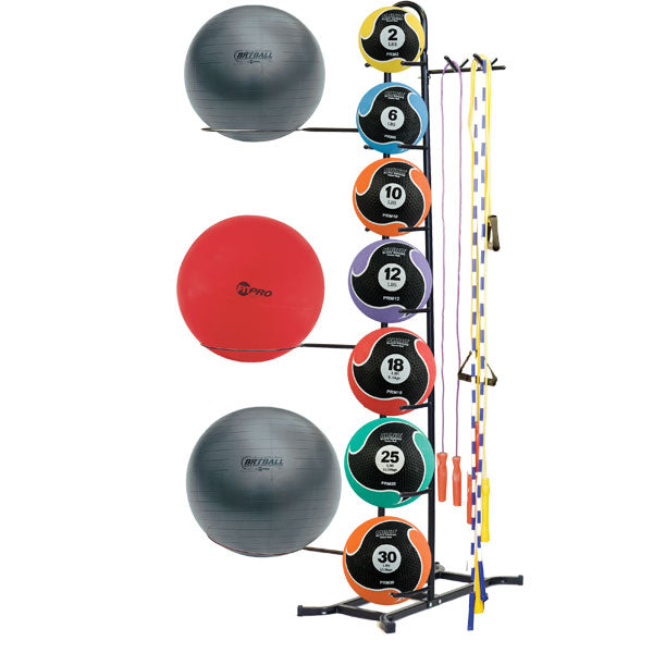 Fitness storage rack with gray stability balls, colored medicine balls 2-30 lbs with numbered labels, and resistance bands on