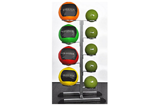 Warrior medicine ball rack with nine balls in orange, green, red, and yellow displayed on metal stand, flat lay view
