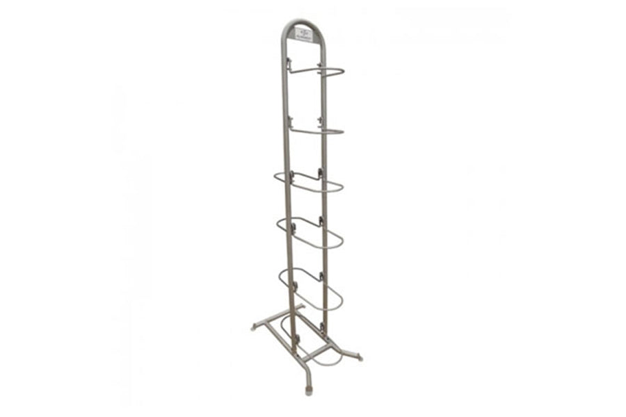 Tall gray metal medicine ball rack with multiple horizontal rings, tripod base, on white background
