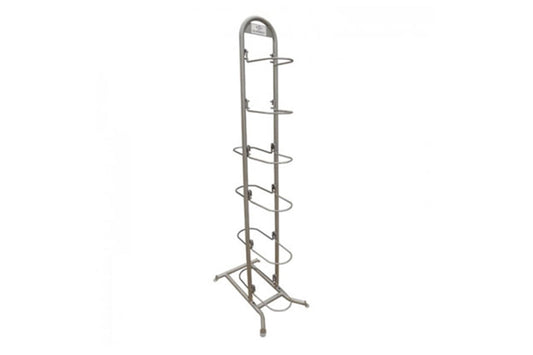 Tall gray metal medicine ball rack with multiple horizontal rings, tripod base, on white background