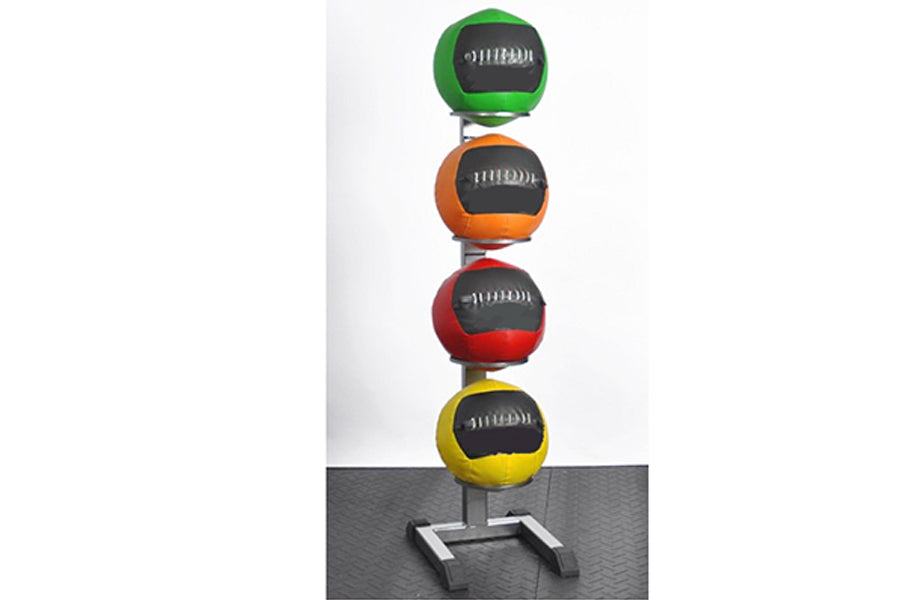 Warrior medicine ball rack holding four stacked medicine balls in green, orange, red, and yellow with black panels, on gray t