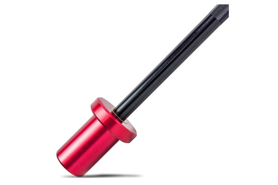 Warrior Mini Olympic Barbell with hot pink metallic sleeve and black shaft on white background