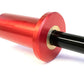 Warrior Mini Olympic Barbell with bright red cylindrical sleeves, black steel bar, and metal collar on white background