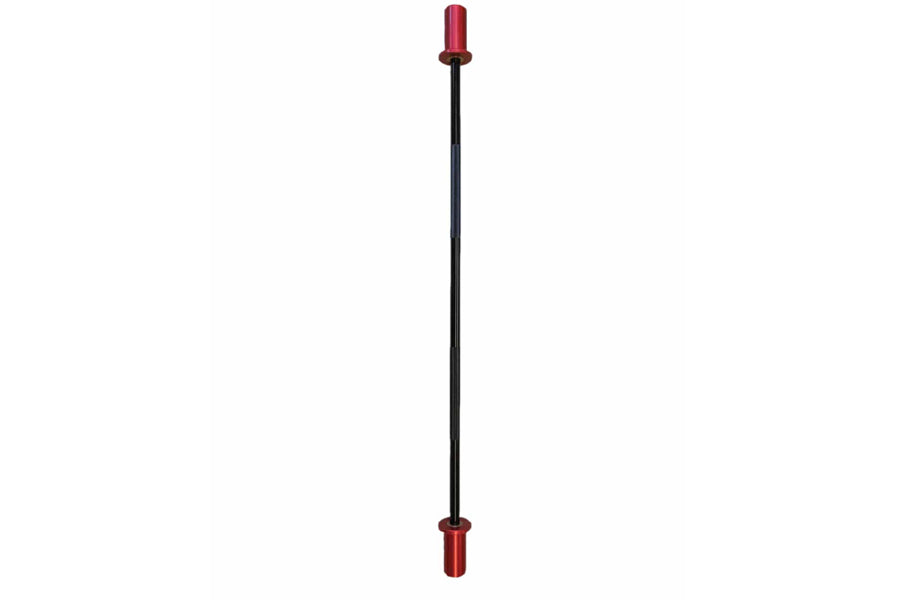 Warrior Mini Olympic barbell with red end caps and black shaft on white background