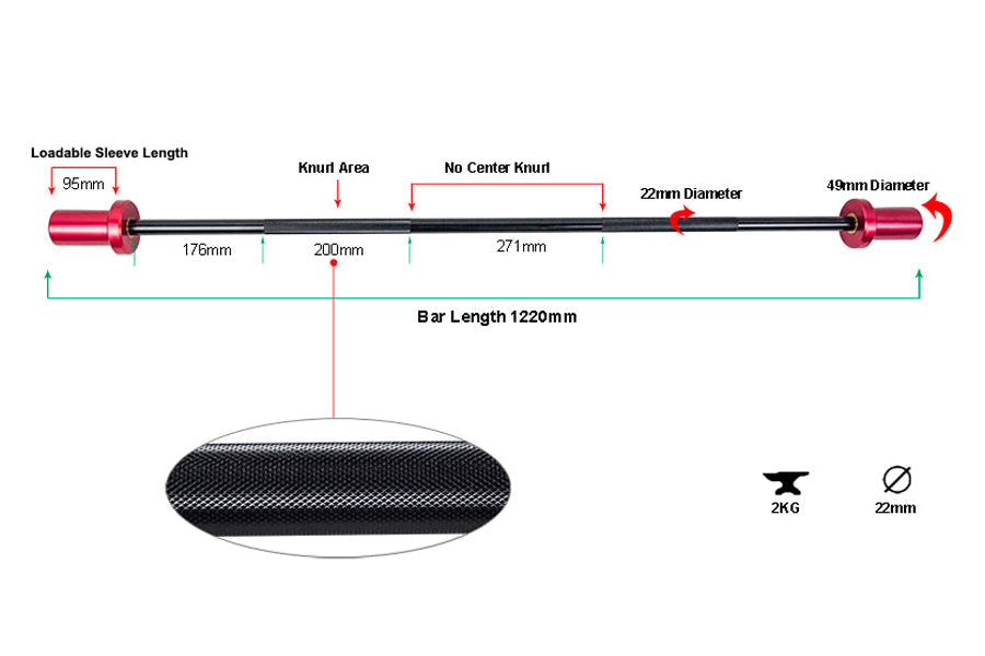 Warrior Mini Olympic Barbell with red end caps, black shaft, 1220mm bar length, detailed measurements and specifications labe