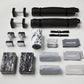 Lululemon Studio Mirror home fitness equipment set with dumbbells, resistance bands, roller, towels, and accessories arranged