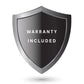 Black and gray shield icon with "Warranty Included" text, indicating product protection coverage