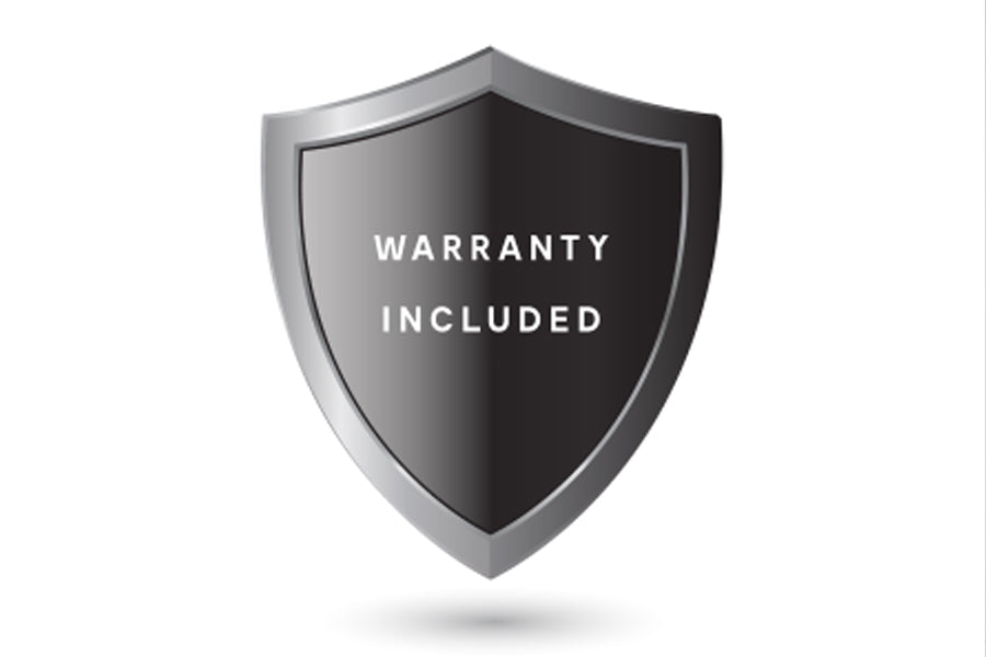 Black and gray shield icon with "Warranty Included" text, indicating product protection coverage